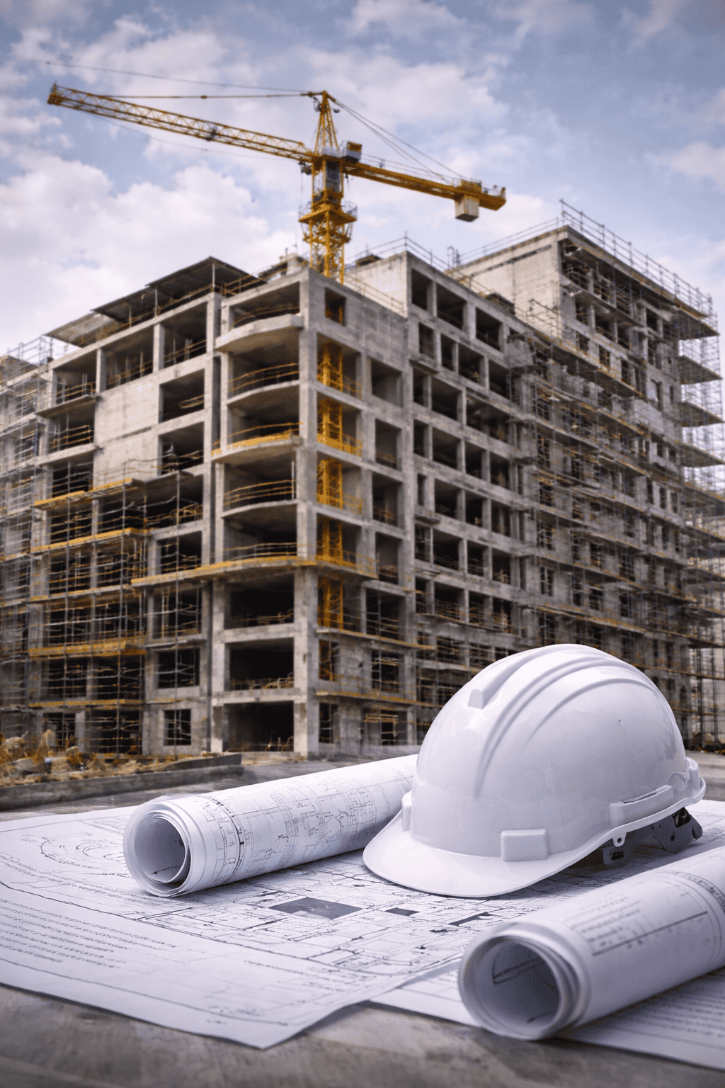 Construction site with blueprints and crane