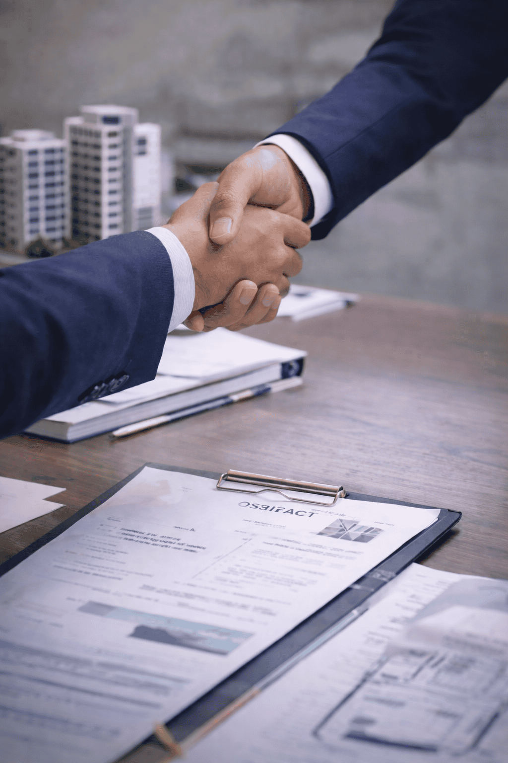 Professional handshake over contract papers